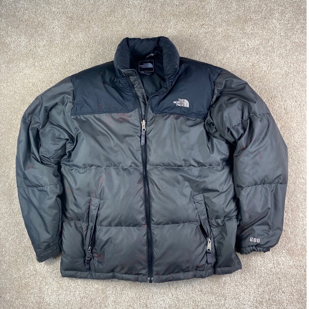 The North Face Nuptse 600 Down Puffer Jacket Boys XL Grey Black Coat